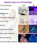 Two Pack 395nm UV Black Light Flashlights Mini Pen Light With Clip Waterproof For Pet Urine Stains Bed Bugs Hotel Inspection Dry Stains Leak Detection Scorpion Areas And Hidden Marks. UV use chart with before-after examples.