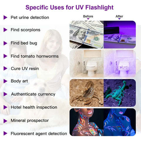 Two Pack 395nm UV Black Light Flashlights Mini Pen Light With Clip Waterproof For Pet Urine Stains Bed Bugs Hotel Inspection Dry Stains Leak Detection Scorpion Areas And Hidden Marks. UV use chart with before-after examples.