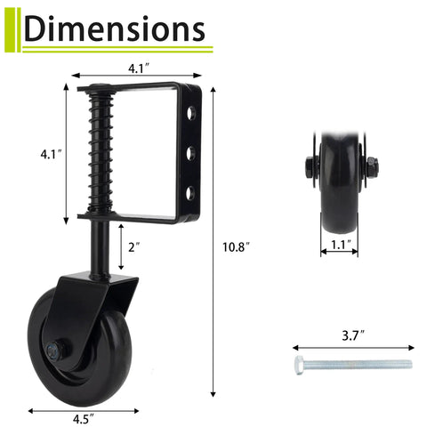 Dimensions of Heavy Duty Gate Wheel 4.3 Inch Spring Loaded For Wooden Metal And Fence Gates With TPR Rubber Bearings Dual Rust Protection 1 Pack
