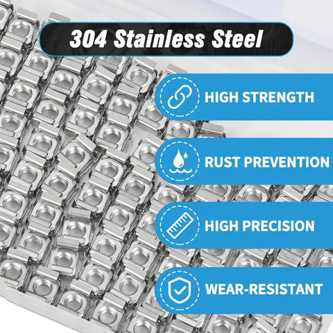 100 Pack M6 Rack Mount Cage Nuts 304 Stainless Steel Server Rack Hardware showing rust-resistant, high-strength, precision clips.