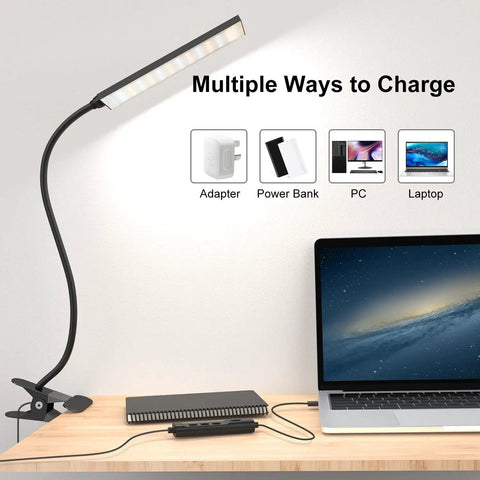 Clip On LED Desk Lamp With Eye Caring Light And Metal Clip 11 Brightness Levels And 3 Color Modes USB Powered 5W Reading Lamp with laptop