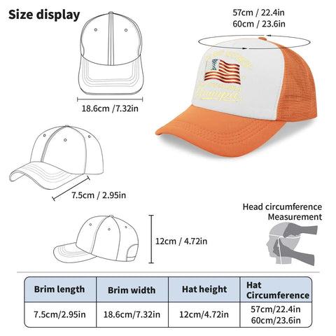 Too Cool For Grandpa Hiking Hat For Women Lightweight Running Trucker Cap size chart, orange and white with American flag design