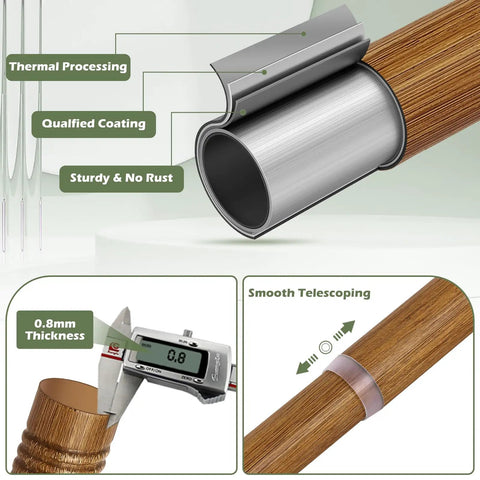 Close-up of Wood Boho Curtain Rods showing heavy duty adjustable rustic finish with imitation wood grain and smooth telescoping detail