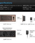 Bronze AIRTAP T4 Register Booster Fan specifications and dimensions overview with 4x12 vent size and accessories.