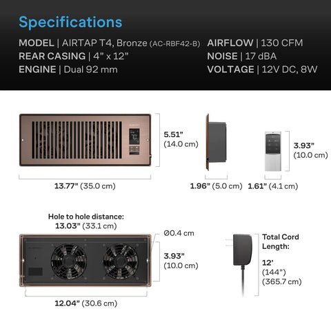 Bronze AIRTAP T4 Register Booster Fan specifications and dimensions overview with 4x12 vent size and accessories.
