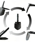 Image showing Go To Folding Camping Shovel Multi Tool With High Carbon Steel Build Pickaxe Hammer Hoe Bottle Opener Ruler in various positions