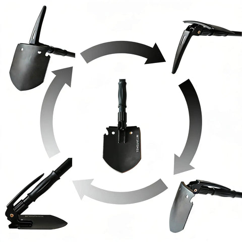Image showing Go To Folding Camping Shovel Multi Tool With High Carbon Steel Build Pickaxe Hammer Hoe Bottle Opener Ruler in various positions