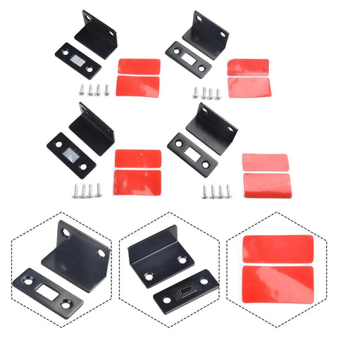 Ultra Slim Magnetic Cabinet Catch for Doors and Closets, black finish, screws, showing latch parts and installation pads