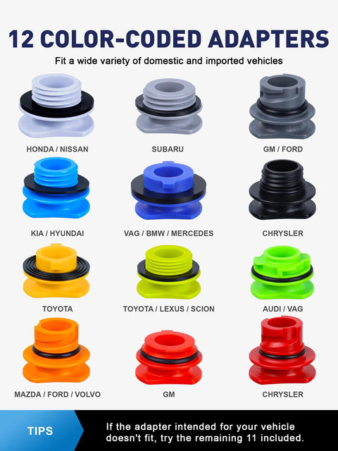 12 color-coded adapters for Engine Oil Funnel Kit With Spill Proof Design And Flow Control Valve For Easy Mess Free Oil Changes