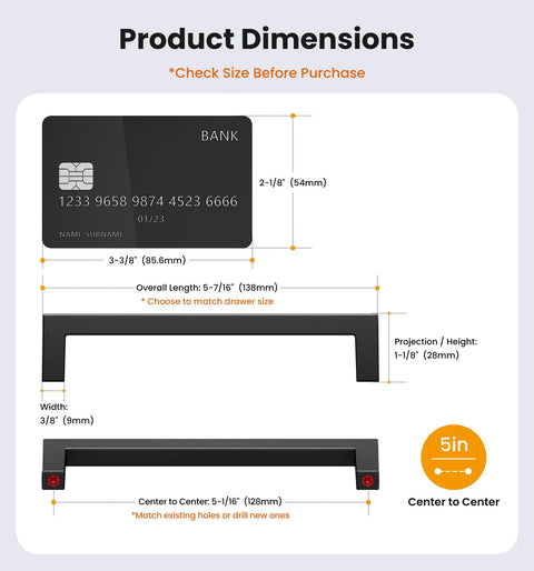 Dimensions of 30 Pack 5 Inch Hole Center Kitchen Cabinet Handles Solid Zinc Alloy Square Drawer Pulls Matte Black