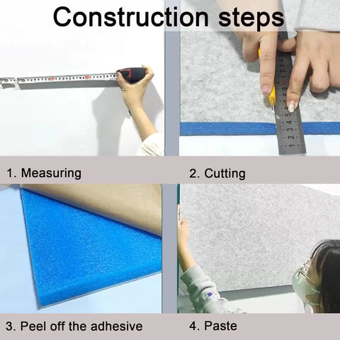 Construction steps for Slick Light Grey High Density Acoustic Foam Panels 3cm showing measuring, cutting, peeling, and pasting.