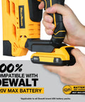 Badass Two In One Cordless Brad Nailer And Quarter Crown Stapler held with Dewalt 20V battery attached for DIY projects.