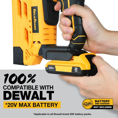 Badass Two In One Cordless Brad Nailer And Quarter Crown Stapler held with Dewalt 20V battery attached for DIY projects.