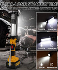 Lit 2000LM LED Work Light For Dewalt 20V Max Batteries used for car repair under vehicle with brightness levels displayed