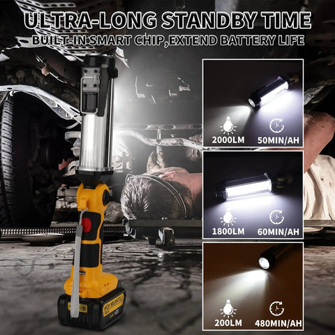Lit 2000LM LED Work Light For Dewalt 20V Max Batteries used for car repair under vehicle with brightness levels displayed