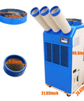 Heavy Duty Industrial Portable Spot Cooler Kickin Cold Turbo Double Fan Air Conditioner unit with adjustable nozzle and dimensions.