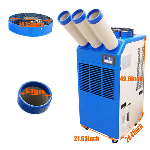 Heavy Duty Industrial Portable Spot Cooler Kickin Cold Turbo Double Fan Air Conditioner unit with adjustable nozzle and dimensions.