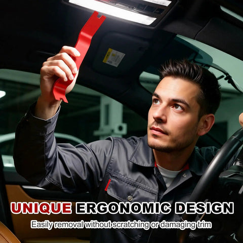 Person using a non-scratch pry tool from the No Fuss 18 Piece Auto Trim Removal Kit while working on a vehicle interior.