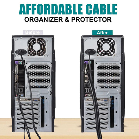 One Quarter Inch Wire Loom Split Tubing For 30 Feet Cord Protector on computer setup, before and after cable organization