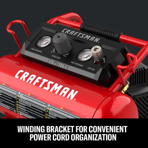 Close-up of Two Gallon Portable Air Compressor With One Third HP Max, 125 PSI Oil Free, featuring winding bracket for cord organization.