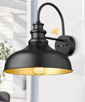 Dusk To Dawn Sensor Farmhouse Barn Light, No Fuss Auto On Off Outdoor Wall Lantern in black and gold, 11.5" W x 13.5" H