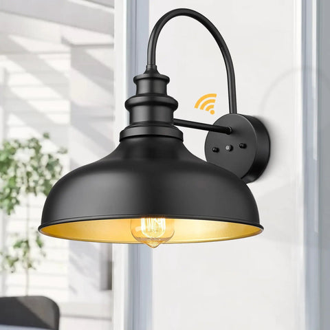 Dusk To Dawn Sensor Farmhouse Barn Light, No Fuss Auto On Off Outdoor Wall Lantern in black and gold, 11.5" W x 13.5" H