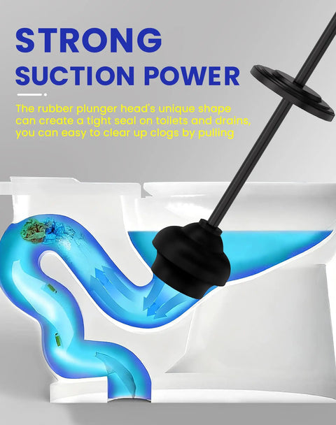 Heavy Duty Toilet Plunger With Sturdy Powder Coated Iron Holder For Modern Bathrooms And Beast Mode Suction Rubber Cup That Kicks Nasty Clogs To The Curb In Pure Black Finish in use showing suction power.