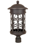 Ellington Outdoor Post Lantern Light In Oil Rubbed Bronze, 23 Inch Mediterranean Cast Aluminum Housing, intricate scroll grill