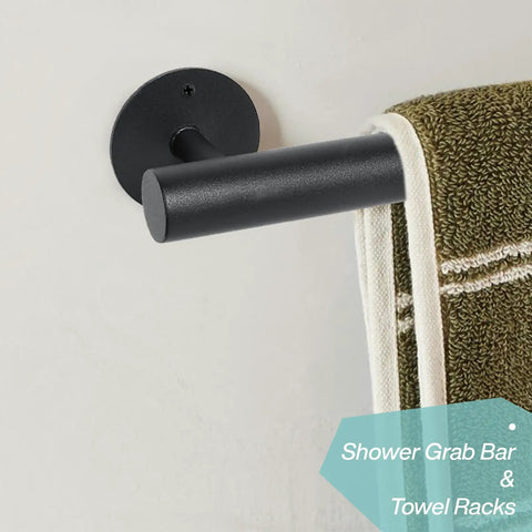 One Foot Matte Black Indoor Stair Railing And Short Metal Handrail Built Tough As Nails With Heavy Steel Pipe And Galvanized Brackets mounted on wall, holding towel.