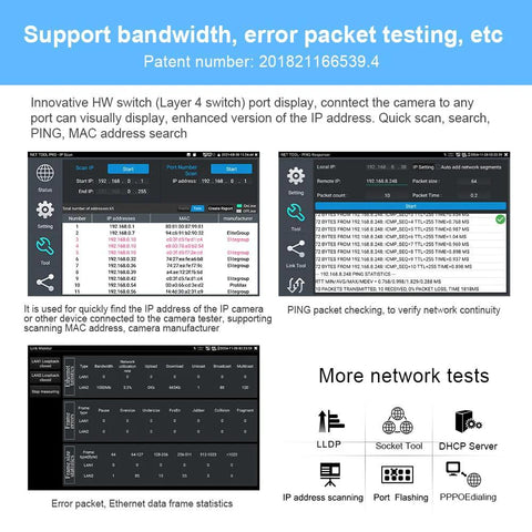 Screenshot of WANLUTECH network tool interface with IP address scanning, error packet testing, and Ethernet frame statistics.