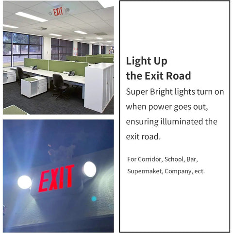 Office space with Led Exit Sign And Emergency Light Kit With Battery Backup For Business, Red Exit Light, 2 Adjustable Heads, UL Listed