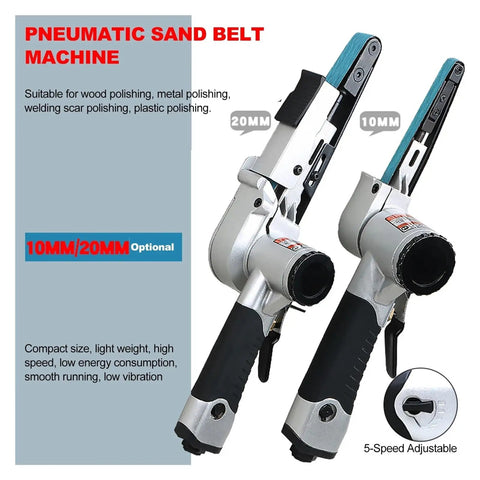 20mm Air Belt Sander Workhorse for Heavy Duty Woodworking Metal Polishing and Precision Grinding, with adjustable speed and compact design.