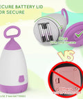 Kid Friendly Camping Lantern And Night Light With AAA Batteries Included showing secure purple battery lid design