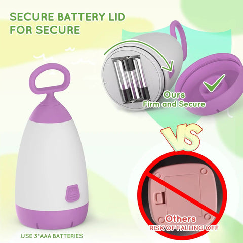 Kid Friendly Camping Lantern And Night Light With AAA Batteries Included showing secure purple battery lid design