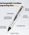 Image of a rechargeable cordless engraving pen with aluminum alloy body, LCD display, and adjustable speed button.