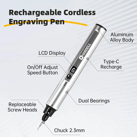 Image of a rechargeable cordless engraving pen with aluminum alloy body, LCD display, and adjustable speed button.