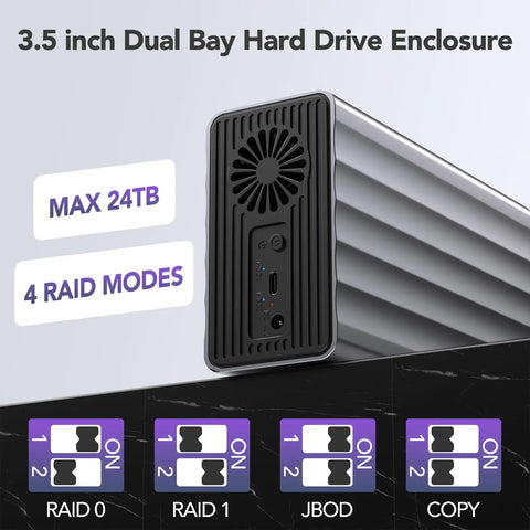 3.5 inch Dual Bay USB C RAID Enclosure Fits 2.5 Or 3.5 SATA Drives With Cooling Fan Expands Storage To 48TB