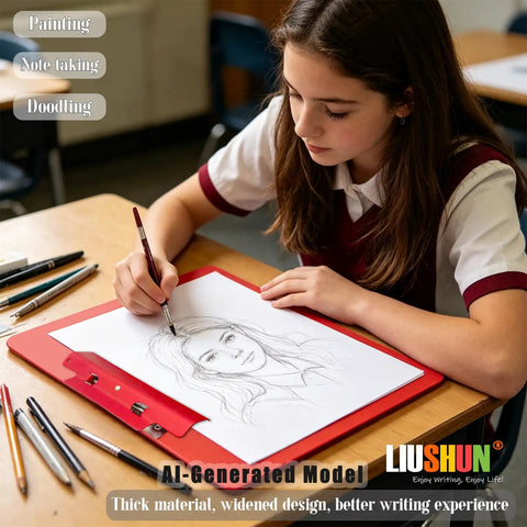 Girl using Horizontal Aluminum Clipboard With Secure Spring Clip Letter Size Flat Hangable Contractor Clipboard Built From Lightweight Durable Aluminum Alloy Eco Friendly Finish For Field Work And On The Job Organization