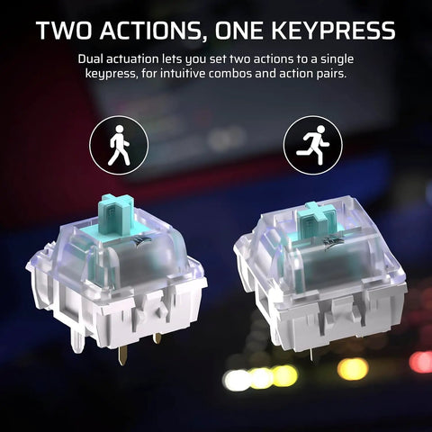 Heavy Hitter Tenkeyless Mechanical Gaming Keyboard Featuring Factory Lubed Hall Effect Switches close-up of dual actuation magnetic switches.