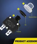 Premium 5 Pack Thermal Circuit Breaker With Auto Reset Function 5 Amp Overload Protector Switch Handles 125V And 250V AC featuring protective button cap.