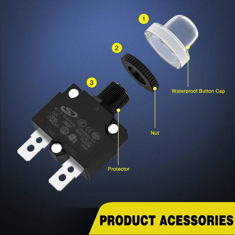 Premium 5 Pack Thermal Circuit Breaker With Auto Reset Function 5 Amp Overload Protector Switch Handles 125V And 250V AC featuring protective button cap.