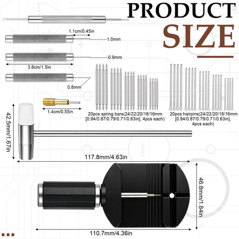 Must Have Watch Band Repair Kit For Metal Straps With Link Remover showing tool sizes and components including hammer and pins
