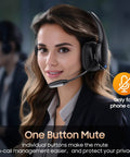 Woman wearing Trucker Bluetooth Headset With Dual Noise Canceling Microphone And Mute Button Features 55 Hour Battery Life.