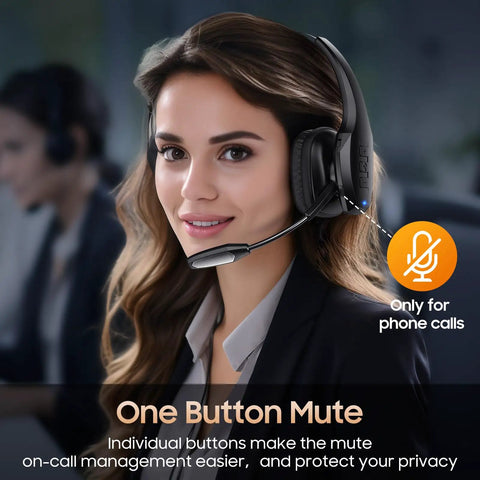 Woman wearing Trucker Bluetooth Headset With Dual Noise Canceling Microphone And Mute Button Features 55 Hour Battery Life.