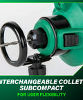 Close-up of 18V MultiVolt Cordless Drywall Cutout Tool with Brushless Motor showing interchangeable collets and drill bit.