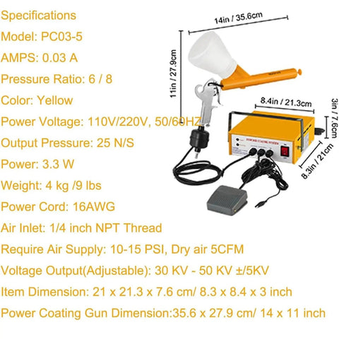 Badass Portable Electric Electrostatic Powder Spray Gun Kit With Slick 10 To 15 Psi Performance and Five Stage Build, yellow handheld design