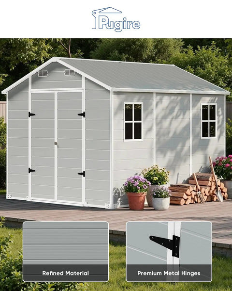 Outdoor Resin Storage Shed 8x10 Ft With Lockable Door Weather Resistant Plastic Garden Tool Shed in backyard setting
