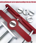 Top Shelf Mortise Tenon Jig For Woodworking With Self Centering Dowel Guide and Punch Locator, showing adjustable red frame and metal parts.