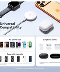Magnetic Wireless Charger 2 Pack With 15W Fast Charging 4.2 Ft Type C Cable Works With iPhone 12 13 14 15 16 17 Series And AirPods 2 3 Pro Strong Magnetic Alignment No Slip Case Friendly Charging On The Go displayed with compatible devices.
