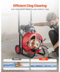Wheeled Electric Sewer Snake Auger With 100 Feet Cable And Three Quarter Inch Width Auto Feed Drain Cleaner in use for clog removal.